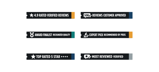 six separate flat vector label strip badges each solid black horizontal banner with die cut notches white bold uppercase long text and simple white pictograms beside text small muted color