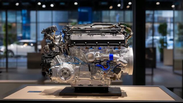 Wide-angle shot of a fully assembled engine on a display stand, polished metal surfaces, visible hoses, sensors, and connectors, studio lighting emphasizing contours, industrial ae