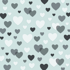 ハートのシンプルパターン（ミントグリーン）ー やさしいミントグリーンを背景に、白、グレーのハートを散りばめた、清潔感のあるシームレスなハートパターン。デザインペーパー、ポストカード、マスキングテープ、マスキングシールブックタイプ、フレークシール、ノートの表紙、クリアファイル、ハンカチ、ミニタオル、箸、マグカップ、皿、キッチンクロス、カラトリー、キッチン雑貨、ボールペン、ペンケース、ポーチに最適。