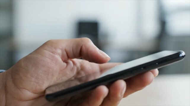 A close-up view of a hand holding a black smartphone, continuously scrolling and tapping on the screen over eight seconds, highlighting modern mobile interaction in an office setting.