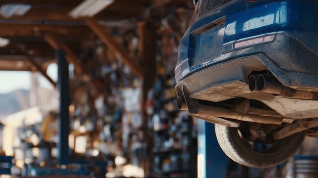 Workshop diagnostic perspective, mechanic&rsquo;s view under an old car, rusted exhaust pipe dominating the frame, muted tones and authentic repair shop atmosphere