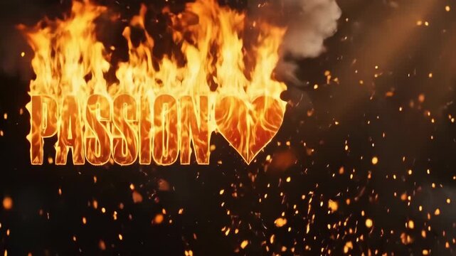 Fiery passion word and burning heart igniting with sparks and smoke. Dynamic love concept video for Valentines day.
