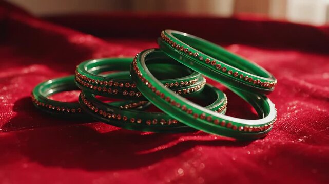 Traditional green bangles with golden embellishments on red fabric. Festive bangles showcase intricate design elements and vibrant colors, perfect for cultural celebrations and special occasions.
