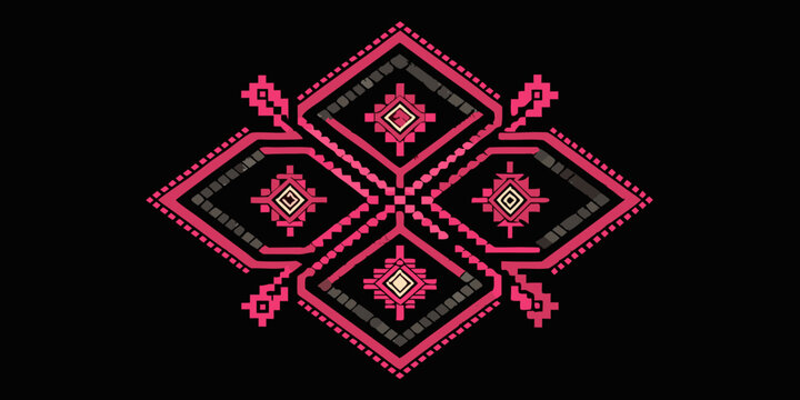 Traditional Hmong Ethnic Embroidery Pattern, Pink and Green Geometric Cross-Stitch on Black Canvas, Intricate Tribal Folk Art Embroidery, Symmetrical Geometric Needlework Texture on Black Aida Cloth.