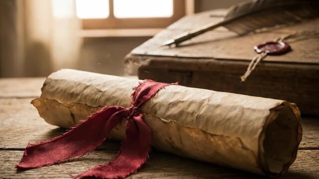 Vintage scroll tied with red ribbon on wooden table with feather and wax seal for Valentines day, anniversary or love letter.