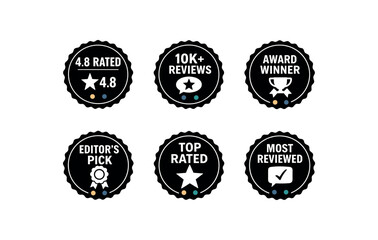 six separate flat vector seal stamp badges each badge solid black scalloped edge circle with and simple white pictogram below tiny muted dot accent (gold navy teal) evenly spaced texts/: