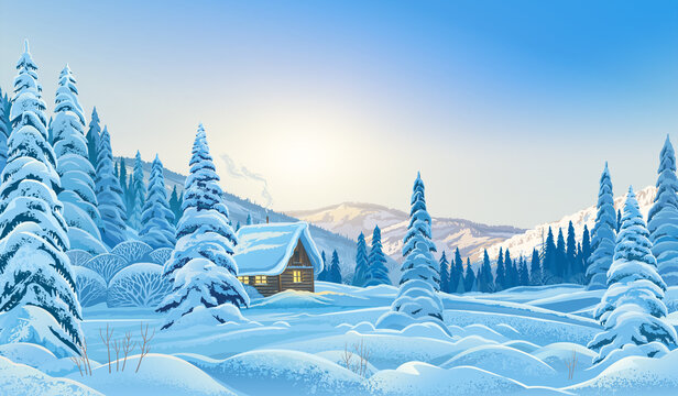 Winter forest wildlife landscape featuring a cozy wooden cabin surrounded by snow-covered fie trees. Soft morning light gently illuminates the hills and distant mountains.