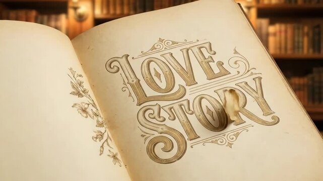 Open vintage book with love story text on pages and falling rose petals. Romantic scroll book for Valentines day.