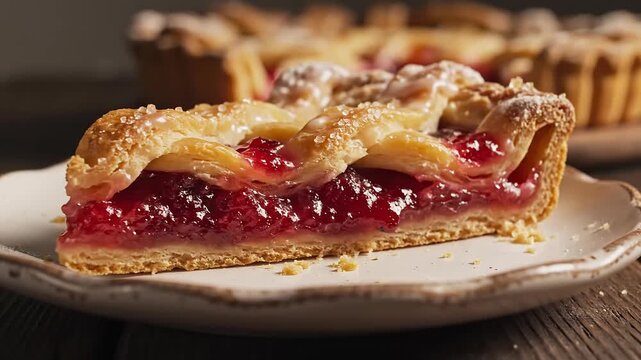 Close-up of a delicious slice of berry pie with lattice crust, dusted with powdered sugar