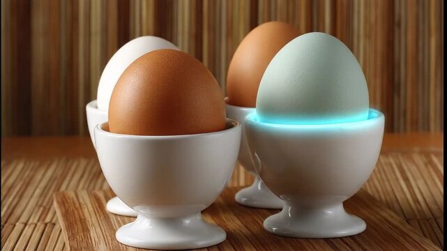 Four eggs in white egg cups sit on a bamboo mat showcasing white brown and light blue shells