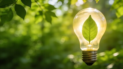 Light bulb with leaf in natural setting
