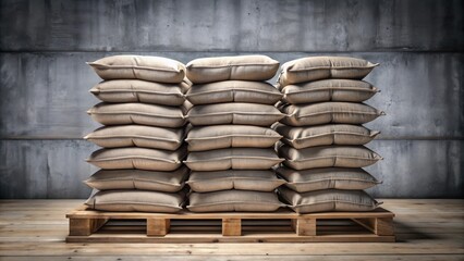 A stack of burlap sacks on a wooden pallet against a textured wall