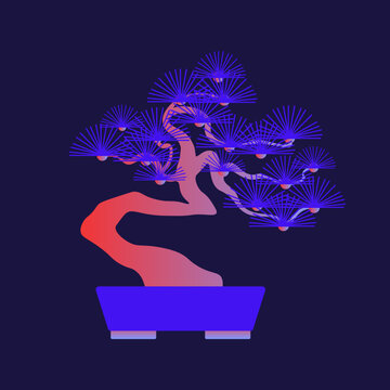Stylized bonsai tree in a pot on a dark background. Minimal vector illustration inspired by Japanese aesthetics, symbolizing balance, patience, growth and harmony. Modern flat design with gradients