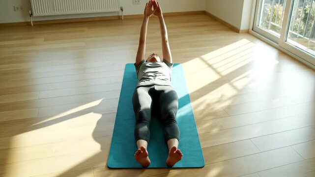 A woman performs a supine stretching routine on a blue yoga mat in a sunlit room. She cycles her arms from a wide T-pose to a fully extended overhead position, engaging in gentle movement and relaxat