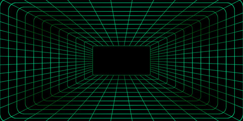 Futuristic 3D grid tunnel with green lines on a black background, creating a deep, immersive perspective effect ideal for sci-fi, tech, or retro designs. © Sarbi