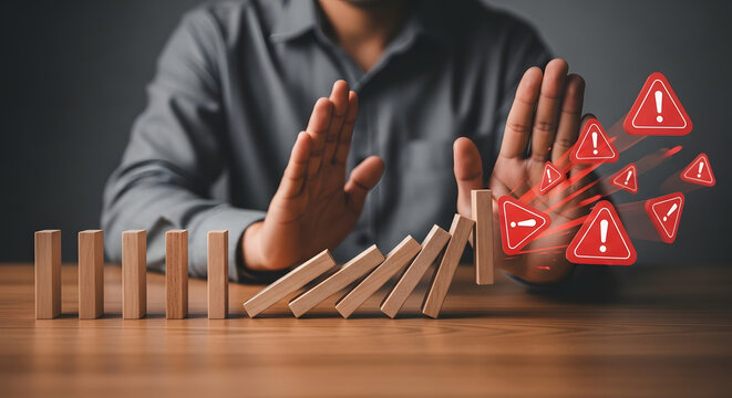 Risk Mitigation: A hand strategically halts a chain of dominoes, signifying the prevention of potential issues or hazards and highlighting proactive risk management and safety protocols.