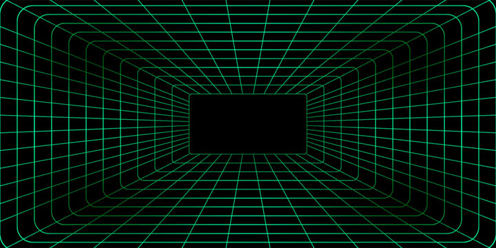 Futuristic 3D grid tunnel with green lines on a black background, creating a deep, immersive perspective effect ideal for sci-fi, tech, or retro designs.