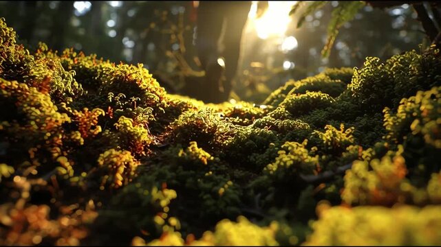 Golden morning sunlight shines on a vibrant carpet of moss in an enchanting forest, capturing a serene ground-level perspective