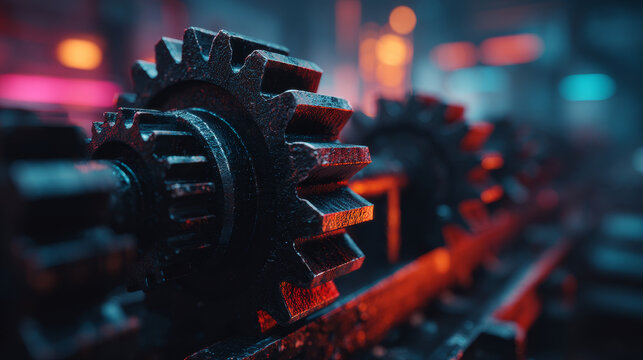 Industrial gears dimly lit factory setting with vibrant red and blue lighting create dramatic and mechanical atmosphere. focus metal cogs highlights their intricate design and engineering