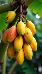 Vibrant bunches of ripe bananas, mangoes, and plantains hanging heavy on a tropical tree branch, ready for harvest A stunning display of nature's bounty , fresh, agriculture