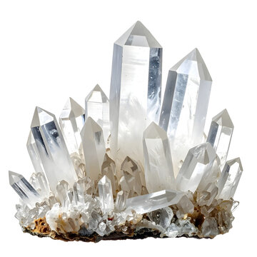 A cluster of clear quartz crystals on a black background