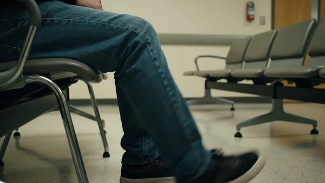 A video extract captures the nervous, repetitive leg movements of a person sitting in a hospital or clinic waiting room, clad in jeans and black sneakers, suggesting restlessness or anxiety.