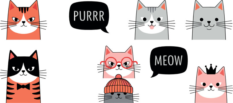Cute cat illustration set with funny cartoon kitten faces speech bubbles purr meow and playful expressions in flat kawaii style for stickers and pet designs