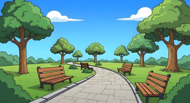 Green park landscape with trees and open grassy field