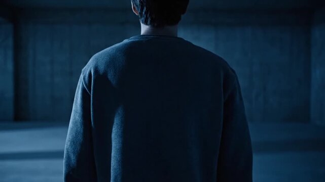 A man stands in a brutalist concrete structure. An inverted double floats above his head, symbolizing intense psychological burden and isolation as it shifts posture over eight seconds, highlighting 