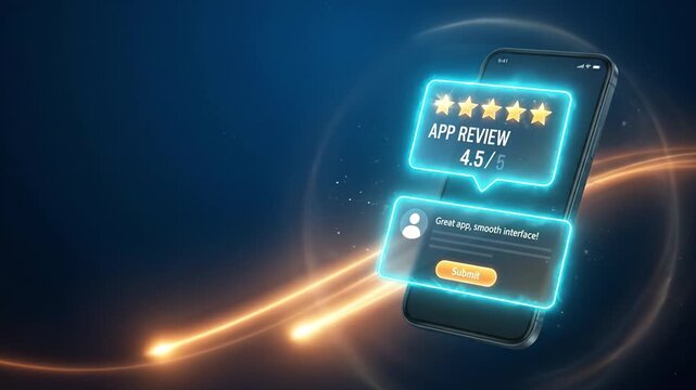 High rating app review mobile phone user feedback digital interface glowing light blue background five star online rating modern design smartphone mobile application rating review feedback interface
