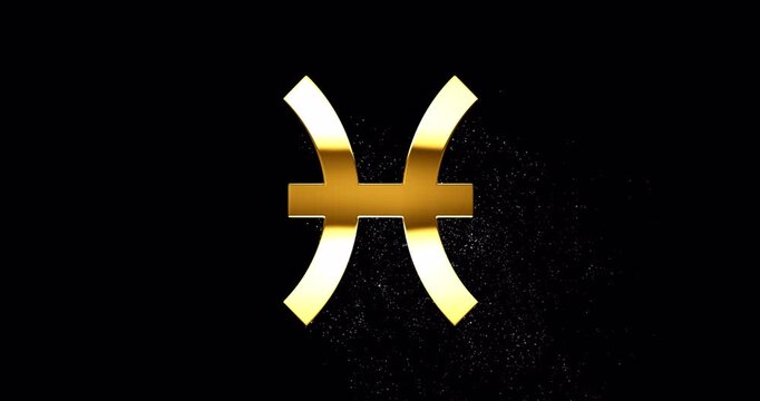 Pisces gold zodiac sign with glare and glittering falling particles, Pisces symbol with specular highlight reflection, loop footage