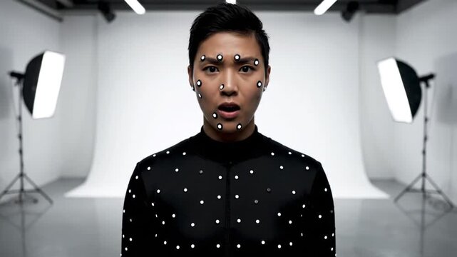 A performer in a black motion capture suit with face markers cycles through happy, grimacing, and surprised expressions in a studio for animation and VFX facial tracking.