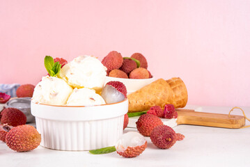 Naklejka premium Tasty lychee sorbet ice cream bowl