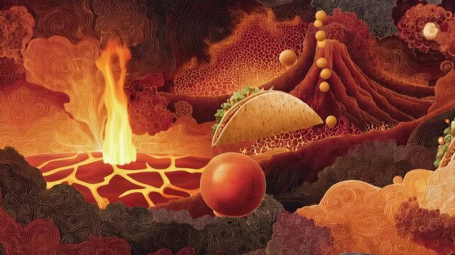 Surreal taco drifting through volcanic lava landscape with erupting flame and floating spheres