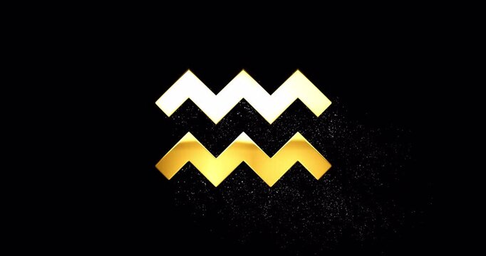 Aquarius gold zodiac sign with glare and glittering falling particles, Aquarius symbol with specular highlight reflection, loop footage