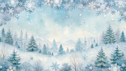 Obraz premium Serene Winter Wonderland A Dreamlike Watercolor Landscape of Snow-Covered Mountains and Evergreens, Adorned with Delicate Snowflakes and Frost