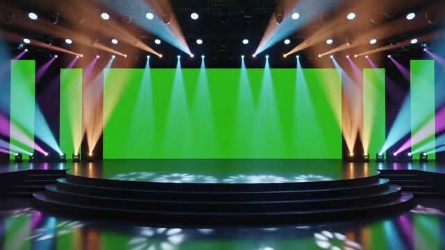 Large Event Hall with Green Screen Stage and Lights