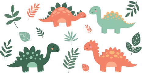 Obraz premium Cute dinosaur illustration set with friendly prehistoric animals and decorative leaves in soft pastel flat style for kids nursery and educational designs