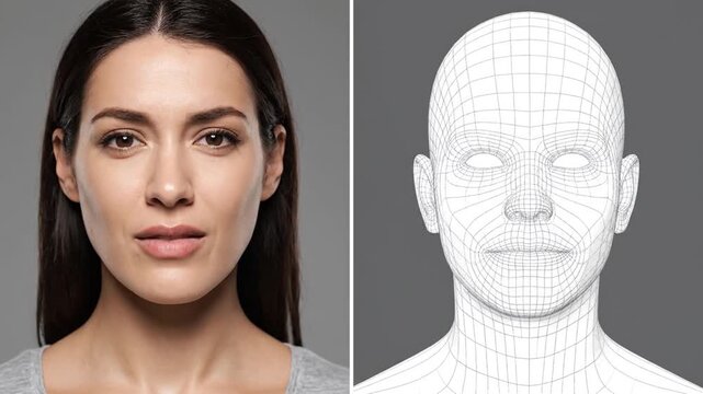A woman's facial expressions (surprise, cringe, neutral) transition rapidly, mirrored by alternating frames of a corresponding white 3D wireframe mesh model capturing the precise facial geometry.