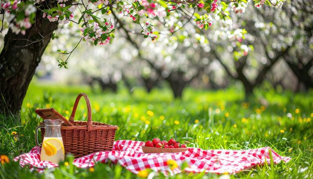 Picnic primaverile sotto alberi in fiore con cestino di vimini, fragole e limonata su prato verde. Generative AI 