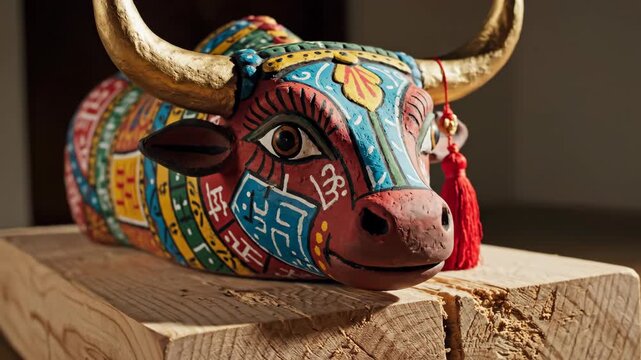 Colorful decorative bull statue on wooden surface showcasing traditional Indian craftsmanship. This unique bull is symbolic in many Hindu rituals and celebrations like Diwali,