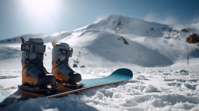 Snowboard and Boots Ready. A snowboard and pair of boots are set up on a snowy mountain slope, ready for winter sports