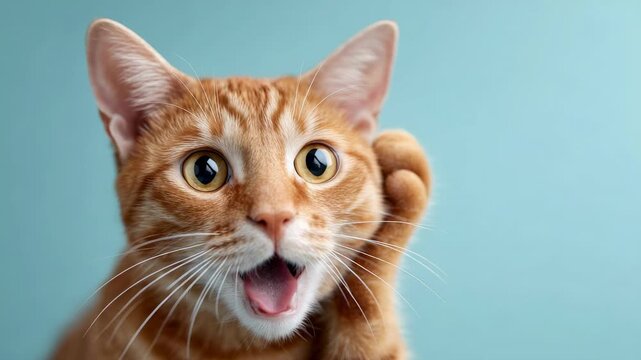 Adorable orange tabby cat with wide eyes and an open mouth making a variety of surprised and shocked expressions, holding a paw to its face against a solid light blue background in a studio