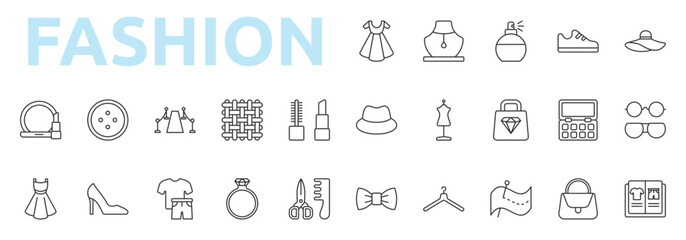 Fashion icon outline style with jewelry, perfume, shoes, female hat, hat, mannequin, luxury, eye shadow palette, glasses, bow tie, hanger icons