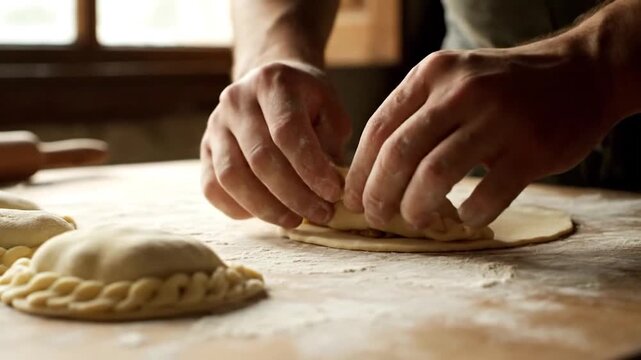 Close-up of hands preparing homemade empanadas on a floured surface.