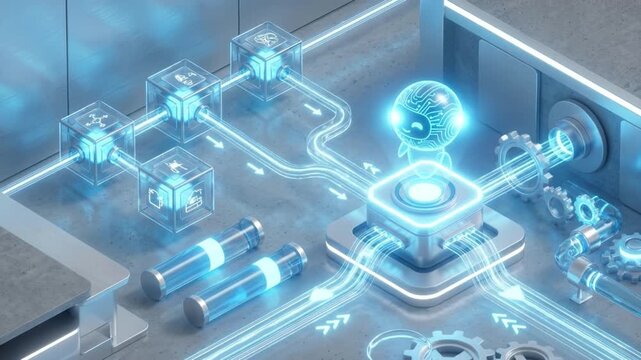 Futuristic technology blue neon cyber sphere digital circuit energy flow light cube sci fi data stream hologram automation robotics artificial intelligence virtual interface 3d render industrial
