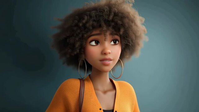 Stylized 3D character design of a joyful black woman with afro hairstyle