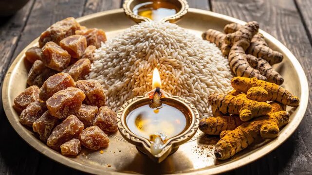 Traditional offerings of rice, jaggery, and turmeric in decorative plate for Diwali. Festive arrangement includes lit oil lamps for Lakshmi Puja, celebrating prosperity during festival season.