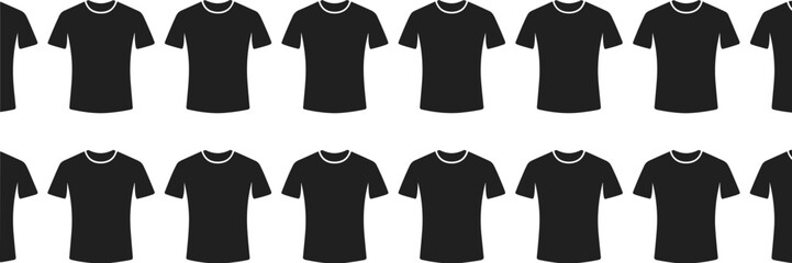 Black t-shirt silhouette set, apparel icon grid, round neckline clothing illustration, fashion flat design, wardrobe inventory graphic pack
