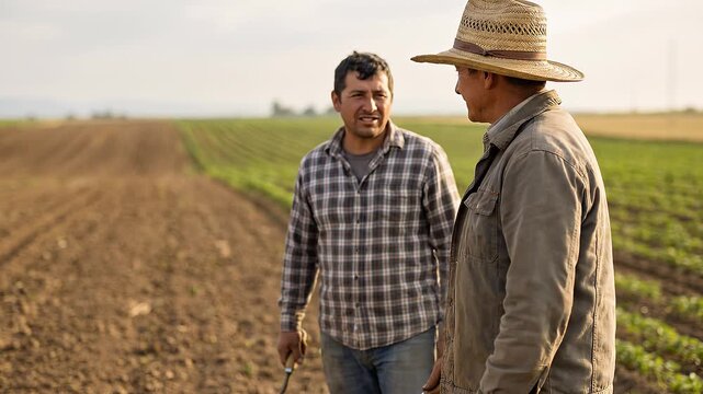 Documentary-style footage of agricultural workers collaborating in a sustainable farming environment. Natural candid movements, real interaction,no posing, diverse people working together in the field